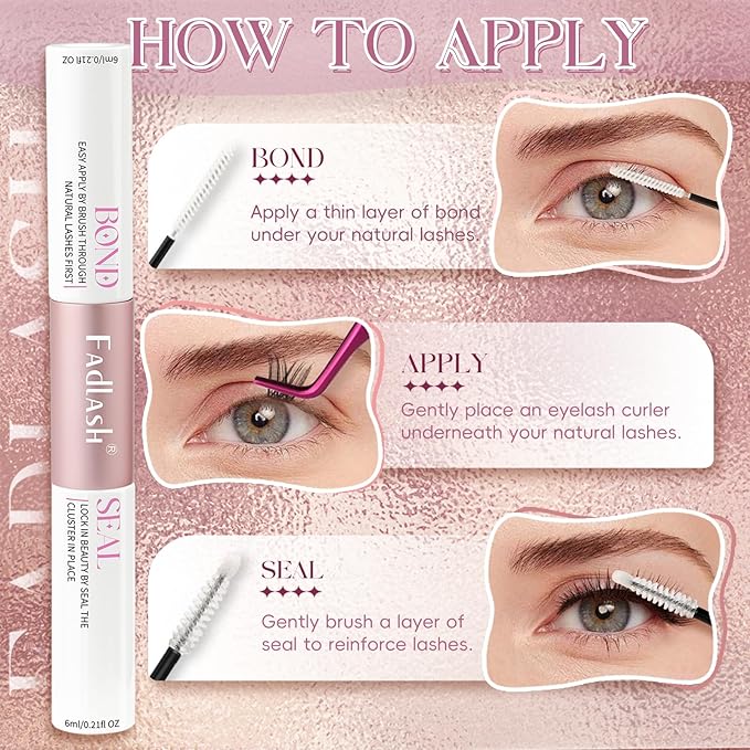 FADLASH Lash Bond and Seal 12ml Waterproof Lash Cluster Glue for Eyelash Clusters Super Strong Hold 48-72 Hours Eyelash Glue Clear