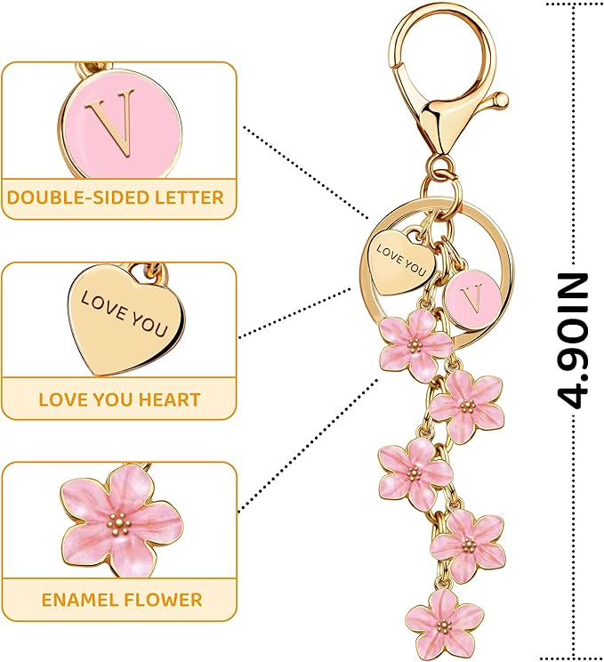 Suweibuke Cute Initial Letter Keychain with Love You Heart, Enamel Flower Charm for Key Handbag Backpack - Women Girls Gifts