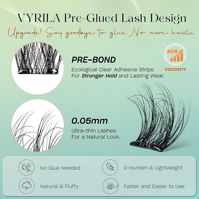 VYRILA Self-Adhesive Lash Cluster, 100pcs Pre-Glued Clusters, Pop-On Faux Eyelashes, 3D Band D Curl Natural Look Lahses, Easy to Apply, Reusable 0.05mm Eyelash Extensions (Green Joy-D-0.05-10-16mix)