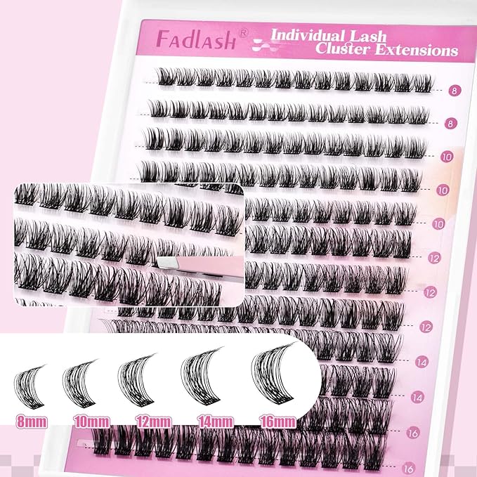 FADLASH Lash Clusters Kit DIY Lash Extension Kit D Curl 0.07 Natural Eyelash Extension Clusters Wispy Lash Clusters with Lash Bond and Seal Lash Tweezer for Self Application(F34-0.07D, 8-16mm Kit)