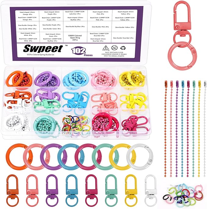 Swpeet 102Pcs 8Colors Swivel Lobster Claw Clasps with O-Shaped Keychain Clips, Open Jump Rings and Ball Chains Assortment Kit, Metal Carabiner Keychain Clip for Connecting and DIY Craft Making