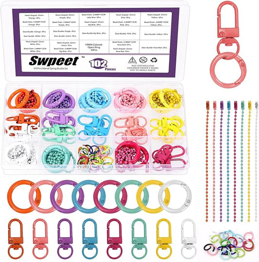 Swpeet 102Pcs 8Colors Swivel Lobster Claw Clasps with O-Shaped Keychain Clips, Open Jump Rings and Ball Chains Assortment Kit, Metal Carabiner Keychain Clip for Connecting and DIY Craft Making