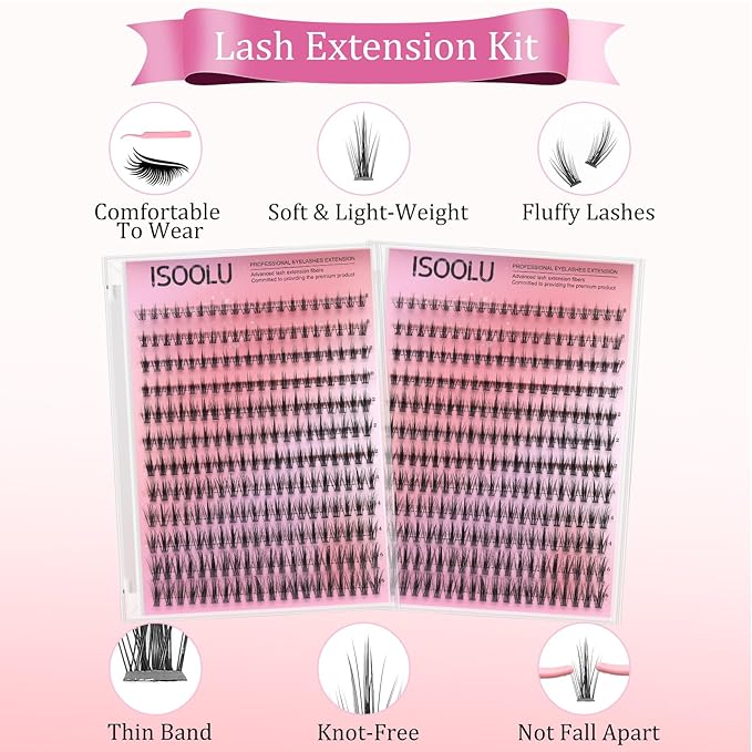 ISOOLU Fairy Lash Clusters Manga Individual Lashes C Curl Wispy Eyelash Clusters WideSpan Eyelash Extension Kit with Lash Bond and Seal Wet-Look Spiky Cluster Lashes (Anime Lash Clusters)