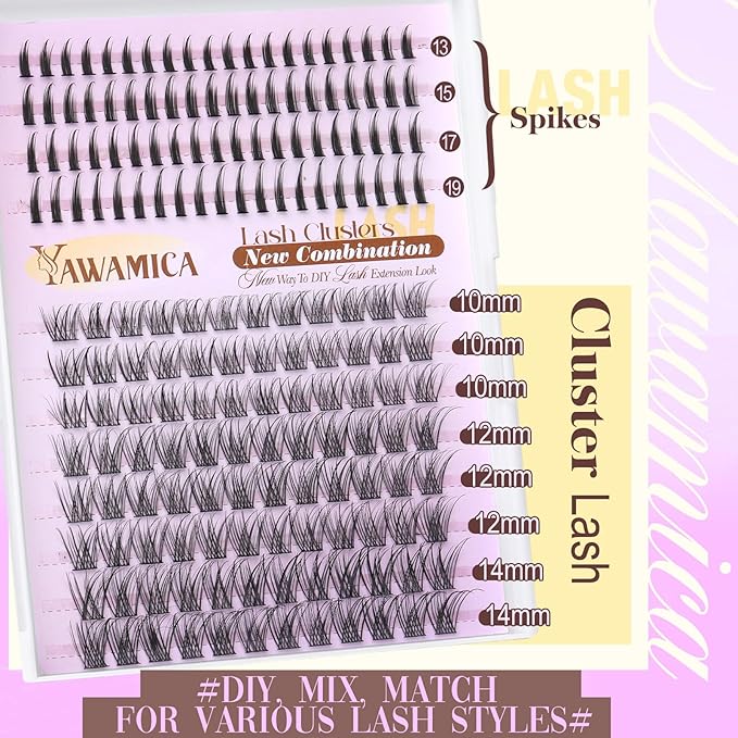 Natural Lash Clusters with Spikes Wispy Eyelash Clusters C Curl Eyelash Extensions 10-14mm Individual Lashes with Lash Spikes 13-19mm DIY Manga Lashes Extension Look by Yawamica