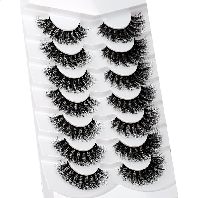Pooplunch False Eyelash Volume Cat Eye Lashes D Curly Fluffy Lashes Wispy 8D Natural Soft Faux Mink Fake Eyelash Strips 7 Pairs Pack