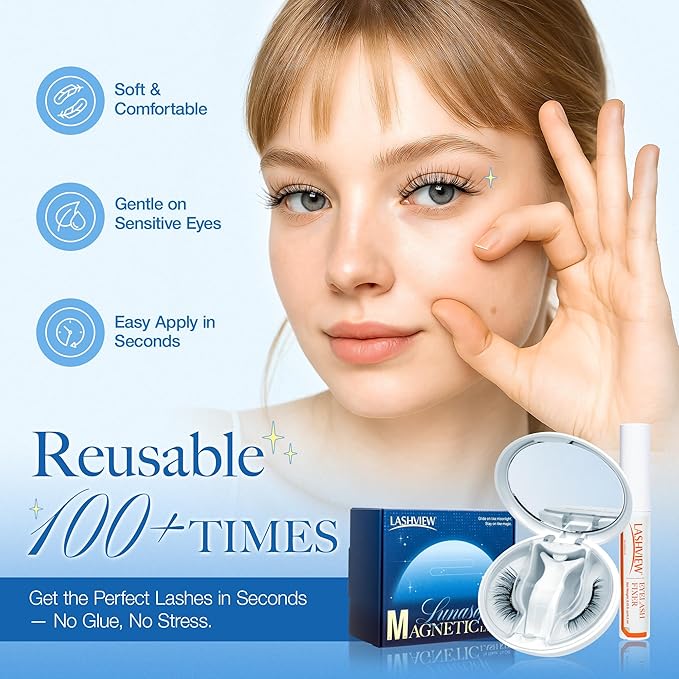 LASHVIEW Magnetic Eyelashes with Applicator Upgrade Soft Magnetic Eyelashes Natural Look Reusable No Glue or Eyeliner Needed Easy to Wear and Remove (RC01)