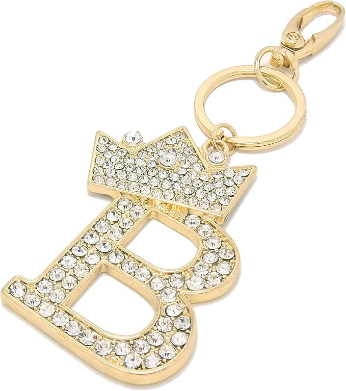 CBC Crown Crystal Rhinestone Letter Initial Keychain, Gold Metal, Bag Charm with Key Ring Approx. 2.17" x 2.56"