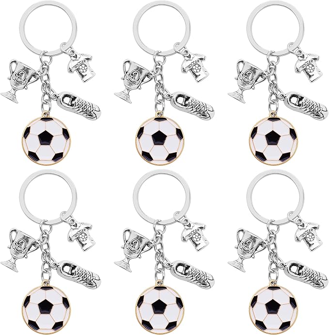 6Pcs Soccer Keychain Alloy Sports Ball Keyrings Soccer Jerseys Soccer Shoes Soccer Trophies Football Charm Key Holder for Women Men Gift or Sports Party Decorations