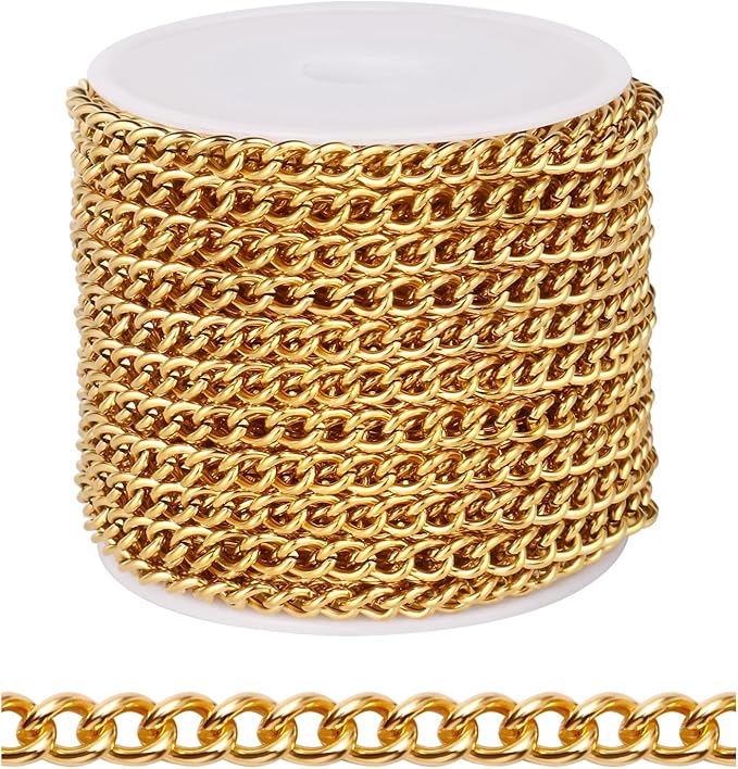 [33 FT] 18K Gold PVD Plated Curb Chains Bulk for Jewelry Making, 5mm 304 Stainless Steel Flat Twisted Links Curb Chains Roll Spool for Jewelry Making DIY Craft