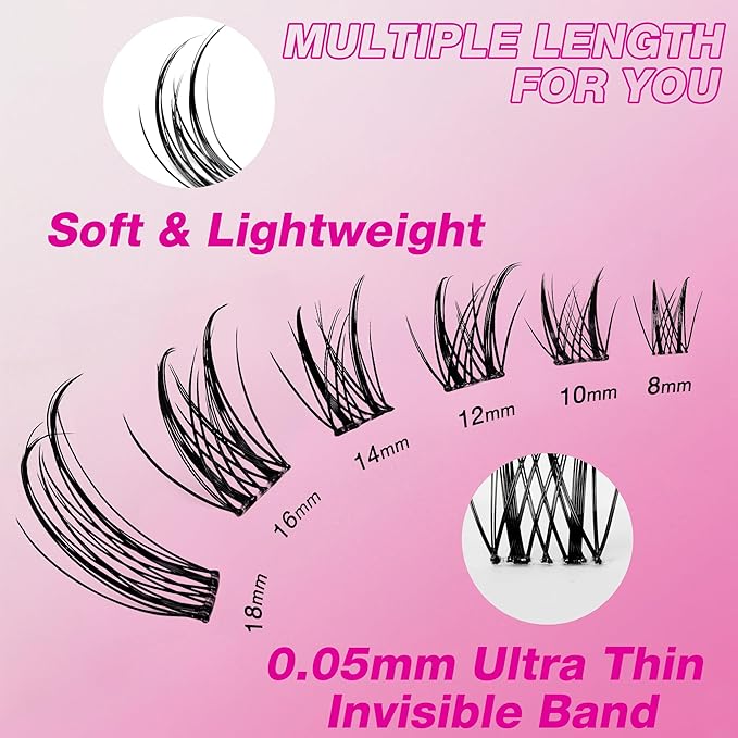 VEYESBEAUTY Lash Clusters Eyelash Extensions Thin & Invisible Band DIY Individual False Eyelashes Newbie's Five-Second Series Wispy Lash Tray for Self-application, Sylph Lashes 8-18mm Mixed Length