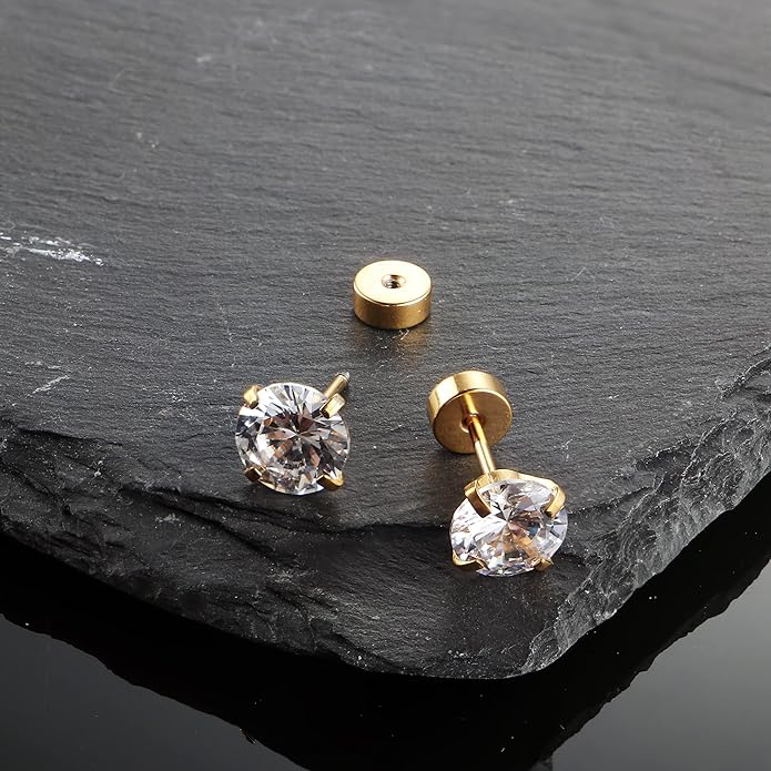 Fansilver 20G Hypoallergenic Flat Back Earrings for Women Men Silver 14K Gold Stainless Steel Stud Earrings Brithstone Cubic Zirconia Studs Surgical Steel Cartilage Earrings for Sensitive Ears