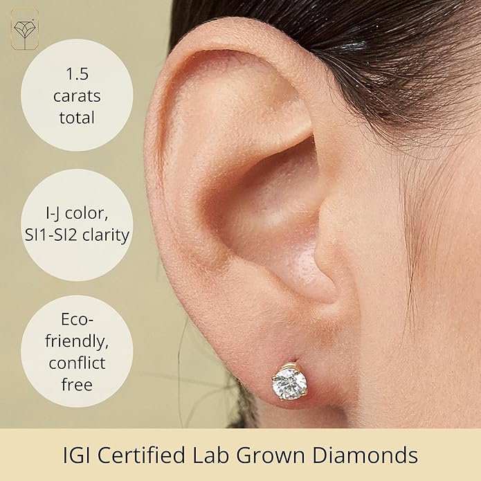 1/4-2 Carat IGI Certified Lab Grown Diamond Stud Earrings | Solitaire Real Diamonds Earring for Women in I-J Color & SI1-SI2 Clarity | 14K Gold Diamond Studs with Secure Backs by MAX + STONE
