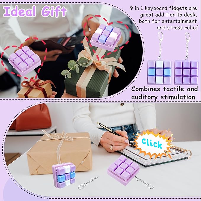 2 Pack 9 in 1 Keyboard Fidget Toy, Keyboard Fidget Keychain Anti-Stress Keyboard Decompression Button Finger Clicker Toys Stress Relief Fidget Gifts (Mix Purple)