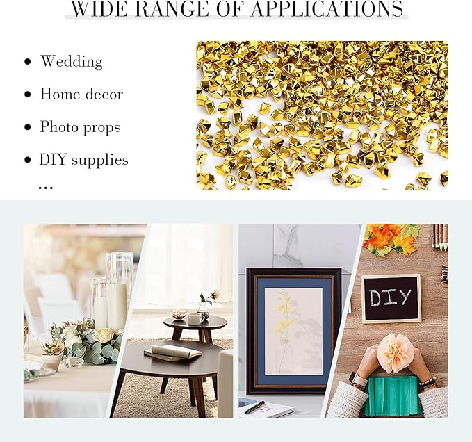 DOMESTAR 4200PCS Gold Fake Ice Rocks, 1LB Acrylic Crushed Ice Rocks Mini Fake Diamonds for DIY Craft Wedding Vase Fillers 0.2" x 0.28"