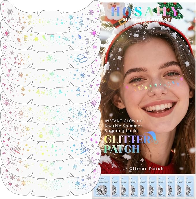 HOSAILY 10pcs Christmas Face Glitter Freckles Tattoo, Holographic Body Glitter Faux Freckle Stickers for Women Girls, Sparkle Star Speckles Makeup Patches for Concert Festival Rave Cosplay Accessories