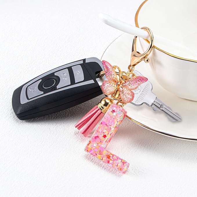 Initial letter Keychains for Women Girls Tassel Butterfly Cute Keychain for Wallet Backpack charm