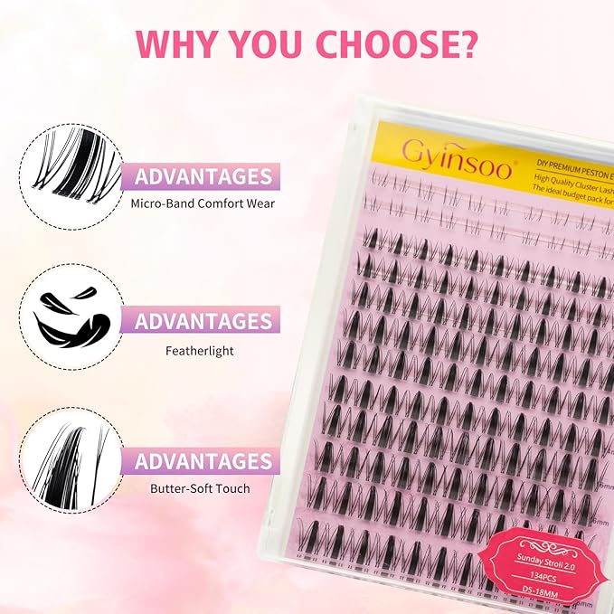 Gyinsoo "Sunday Stroll 2.0" Cluster Lashes Kit with Bottom Lashes - 134Pcs DIY Extensions 5-18mm Mixed Length - D Curl Wispy Manga Upper and Lower Lashes with Bond, Seal & Remover