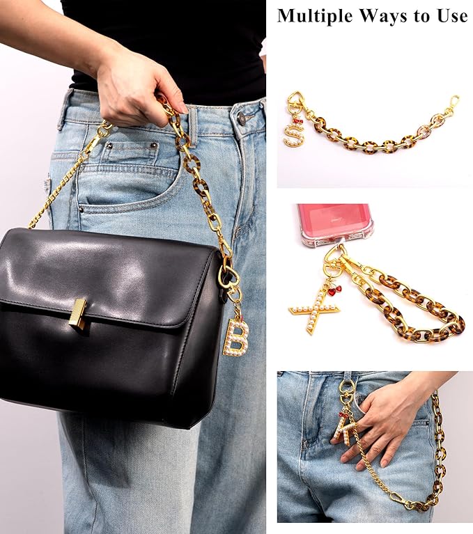 Pearl Initial Keychain with Leopard Bag Charms Wallet Chain Women Cute Alphabet Keychains Charm for Purse Handbag