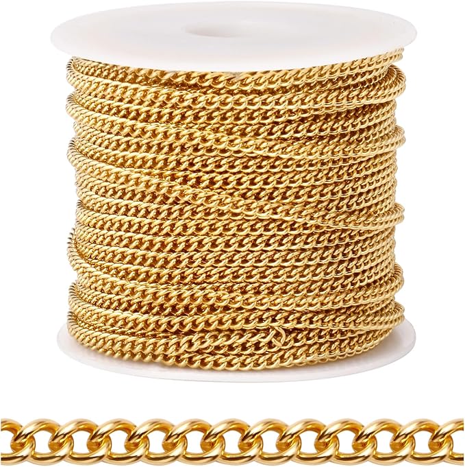 [33 FT] 18K Gold PVD Plated Curb Chains Bulk for Jewelry Making, 2mm 304 Stainless Steel Flat Twisted Links Curb Chains Roll Spool for Jewelry Making DIY Craft