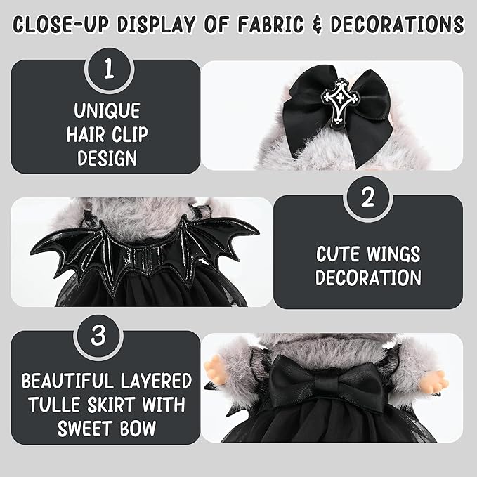 Clothes for Labubu 17cm Collectible Doll (No Doll Included), 2-Piece Little Witch Outfit Set (Dress & Hair Clip), Black Lace Costume Accessories