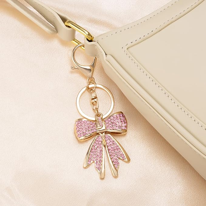 XGALBLA Sparkly Cute Initial Letter Rhinestone Bow Keychain for Women Gold Tone Bag Charms Coquette Aesthetic Purse Charms