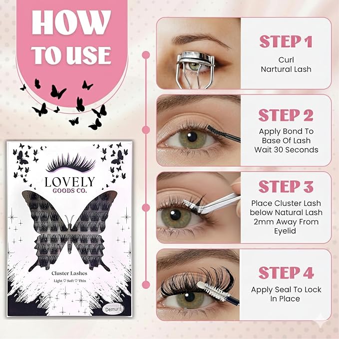 Lovely Goods Co. "Demure" Individual Volume Cluster Lashes, D Curl, Mixed Length 10-18mm, Soft and Comfortable