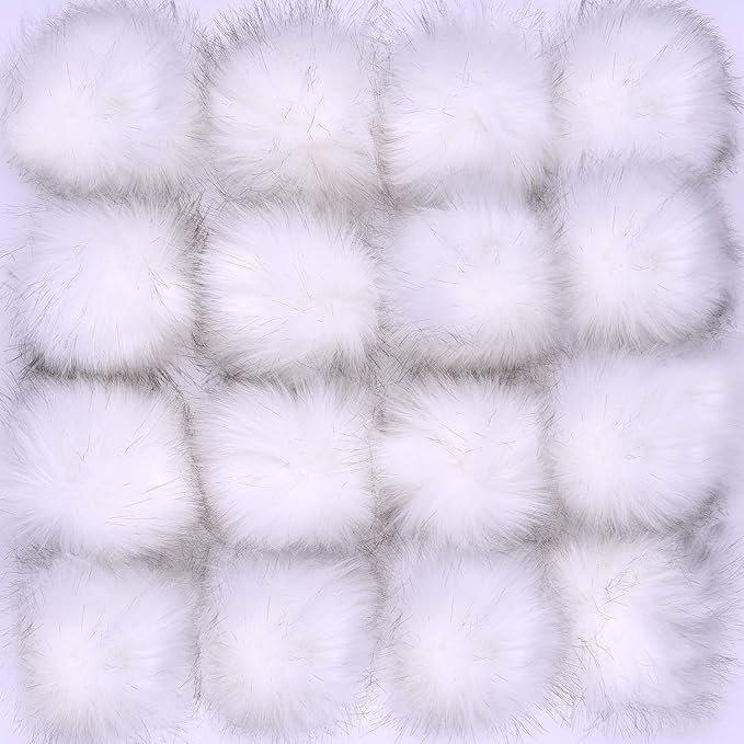 Coopay 16 Pieces Faux Fox Fur Pom Pom Balls DIY Fur Fluffy Ball with Elastic Loop for Hats Keychains Scarves Gloves Bags Charms Knitting Accessories (White)