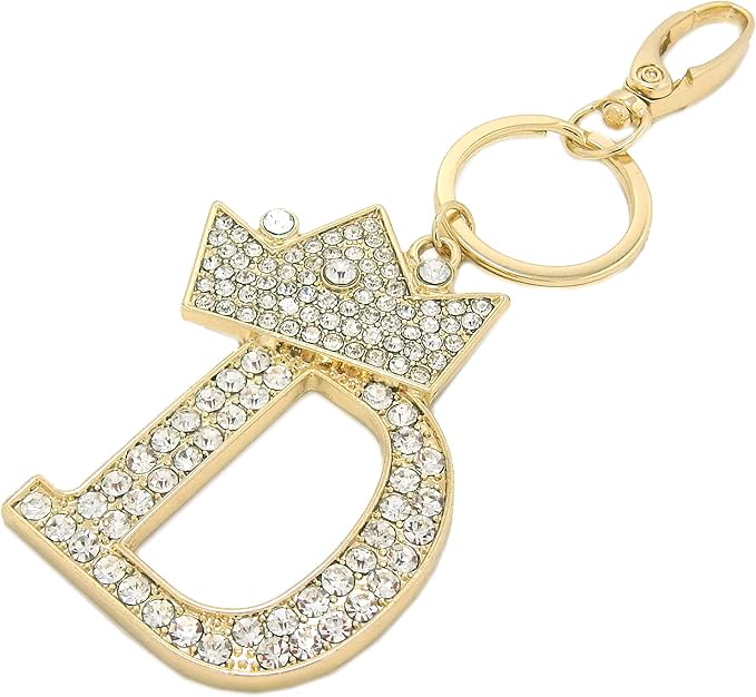 CBC Crown Crystal Rhinestone Letter Initial Keychain, Gold Metal, Bag Charm with Key Ring Approx. 2.17" x 2.56"