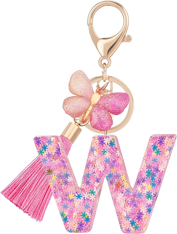 Suweibuke Cute Pink Key Chains for Women Girls, Initial Letter Keychains with Tassel, Charms for Key Purse Handbags Backpacks
