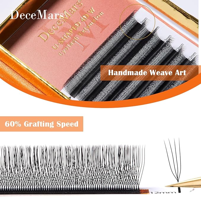 DeceMars U Shaped 4D Eyelash Extensions Supplies Easy Fans Russian Volume Crisscross Eyelashes Natural Soft YY Lash Extensions Handwoven Mesh Wispy Clusters Matte Black-0.07mm-M-11mm