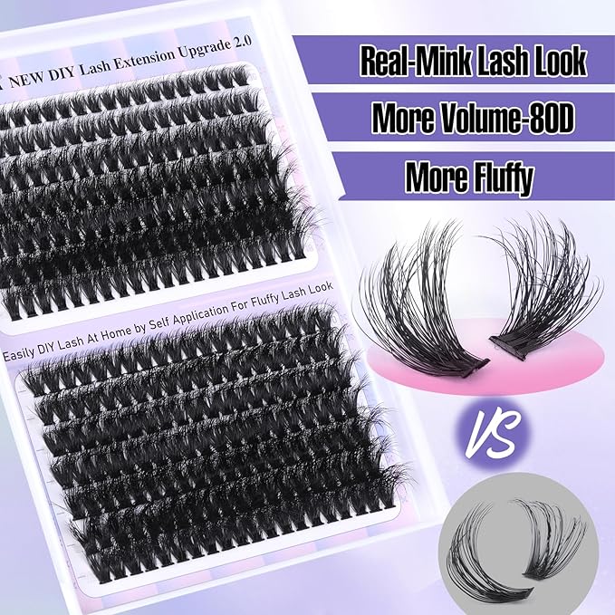 Yawamica Lash Clusters Fluffier Wispy Individual Lashes 70D+80D Volume Cluster Eyelash Extensions 10-18MIX D Curly Eyelash Clusters 280pcs DIY Lash Extension