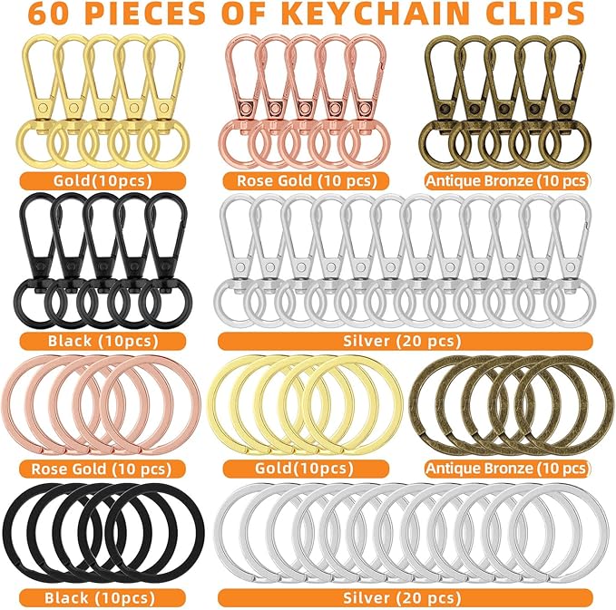 120PCS Swivel Clasps Lanyard Snap Hooks with Key Rings, Swivel Snap Hooks, Keychain Hook, 60 Pcs Large and Small Swivel Hooks, Swivel Clasp with 60 Key Rings for DIY Crafts,Lanyard Making,Pet Collar