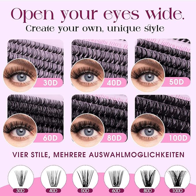 Lash Clusters Kit 30D+40D+50D+60D+80D+100D Wispy Individual Lashes Kit D-Curly Volume Lash Extensions 10-16mm Natural DIY Cluster Lashes Kit for Beginners