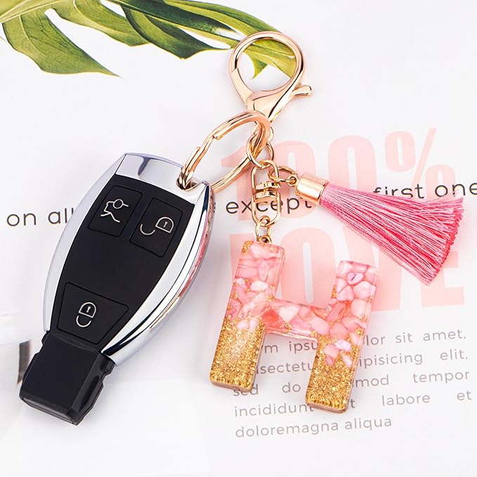 Suweibuke Cute Pink Key Chains for Women Girls, Initial Letter Keychains with Tassel, Charms for Key Purse Handbags Backpacks