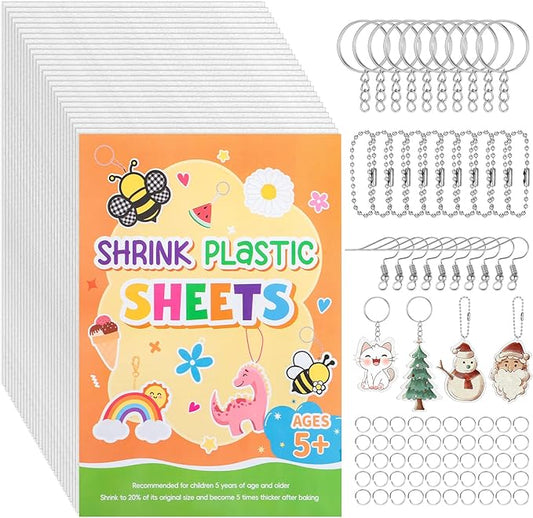 Prudiut 155 Pcs Shrink Plastic Sheets Kit, Including 25Pcs Shrinky Art Paper with 130Pcs Accessories for Crafts DIY Keychain Making, for Adults Aged 14+