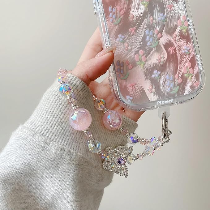 Crystal Butterfly Phone Charm, Pink Pearl Beaded Lanyard, Bling Shiny Wrist Strap Keychain for Purse Bags Car keys Earphones