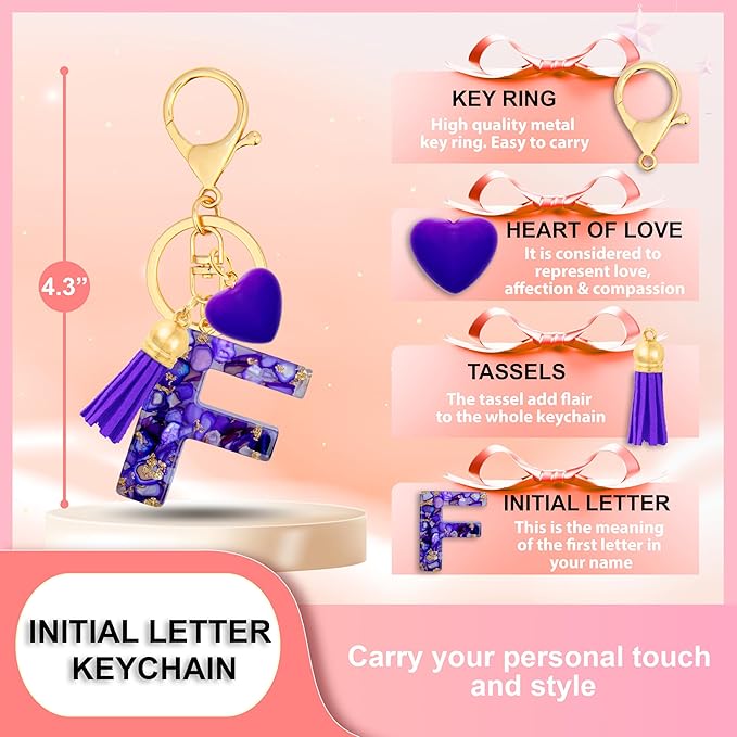 Initial Keychains for Women with Cute Heart Resin - Alphabet Letter Keychain for Bag, Backpacks, Purse or Car key