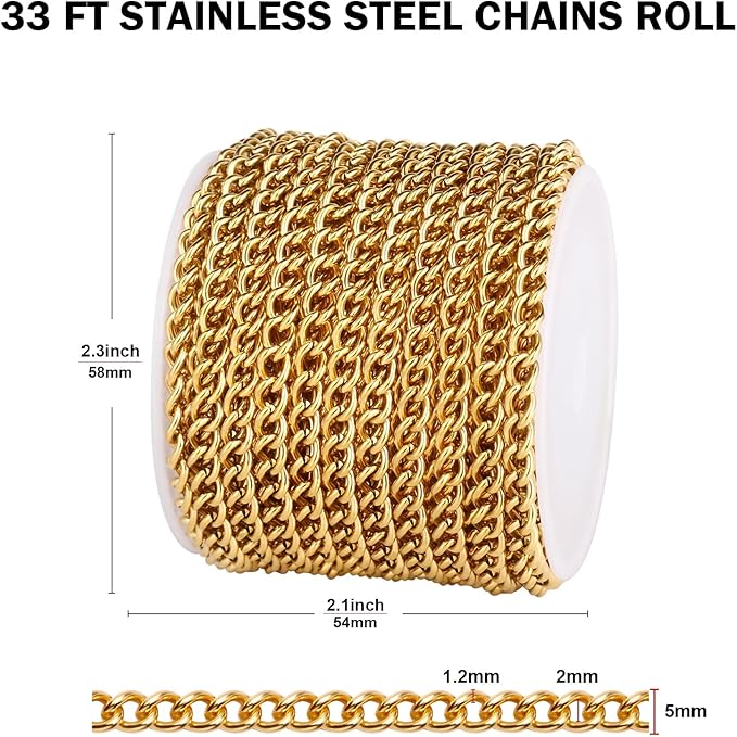 [33 FT] 18K Gold PVD Plated Curb Chains Bulk for Jewelry Making, 5mm 304 Stainless Steel Flat Twisted Links Curb Chains Roll Spool for Jewelry Making DIY Craft