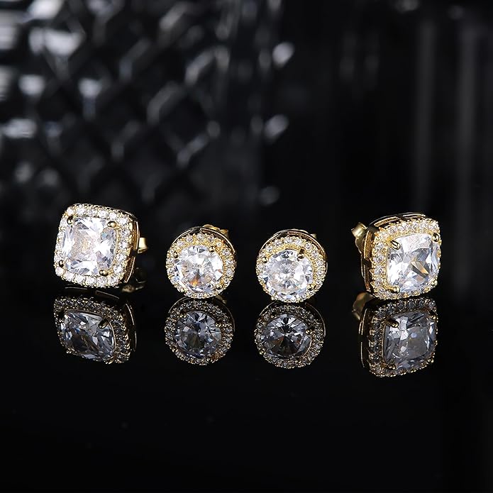 Hayoso 18K Gold Plated Halo Stud Earrings 925 Sterling Silver Cubic Zirconia Stud Earrings Round Square Diamonique Stud Earrings Set for Women Men