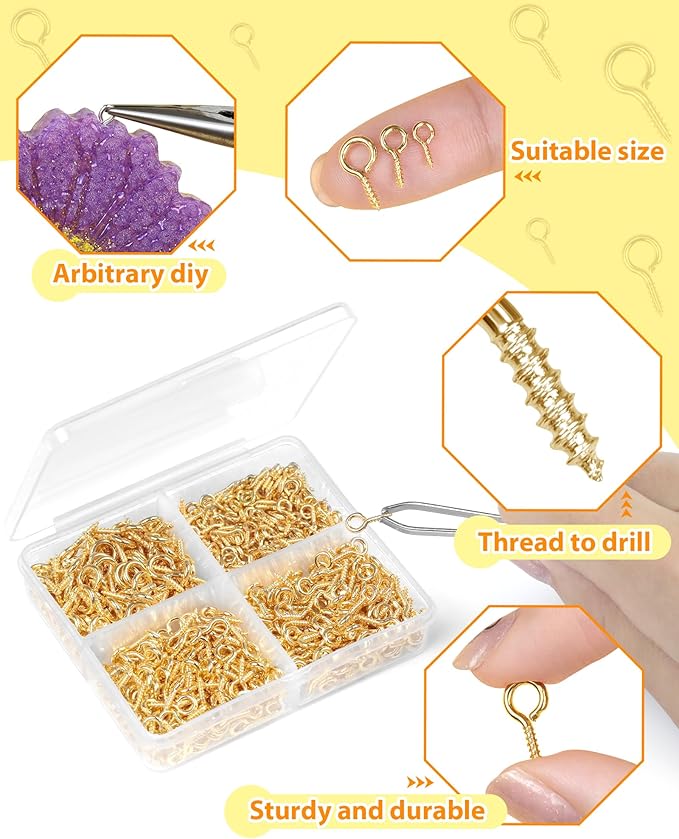 FIVEIZERO 600pcs Small Screw Pins for Jewelry Making & DIY Crafts, Mini Eyelet Screws for Art Projects & Bead Charms, Tiny Hooks & Eyes for Crafts (Gold & Silver, 3 Sizes)