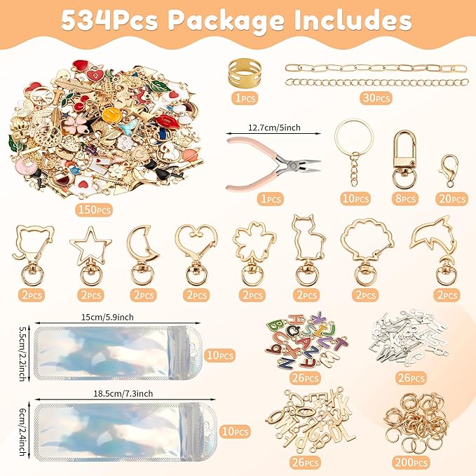 534Pcs DIY Keychain Making Kit with 228 Charms, Including 24 Keychain Clips Hooks 30 Extender Chain 200 Jump Ring Jewelry Plier Jewelry Making Supplies for Custom Key Ring Set Christmas Crafts Gifts