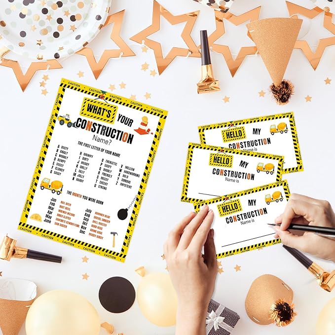 What's Your Construction Name Game, Construction Birthday Party Games for Boys,Construction Party Decorations, Kids Birthday Activities,1 Double Sided Sign and 30 Stickers,5x7 Inch