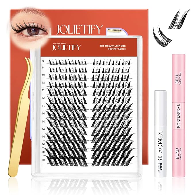 JOLIETIFY Lash Extension Kit, Foxy Style, Faux Mink 8-18mm Cluster Lashes, Bold Lifted Look, Reusable Individual Lashes with Waterproof Bond & Seal, Lash Tweezers & Remover, Easy DIY for Beginners