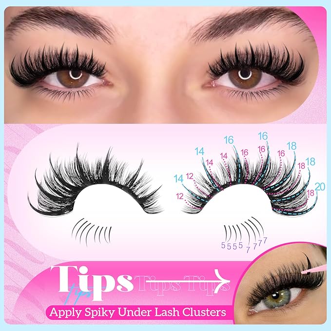 Yawamica Lash Extension Kit Wispy Lash Clusters 12-18mm with 14-20mm Spikes and 5-7mm Bottom Lashes DIY Manga Cluster Eyelash Extensions D Curly Waterproof Lashes Clusters Kit with Bond and Seal