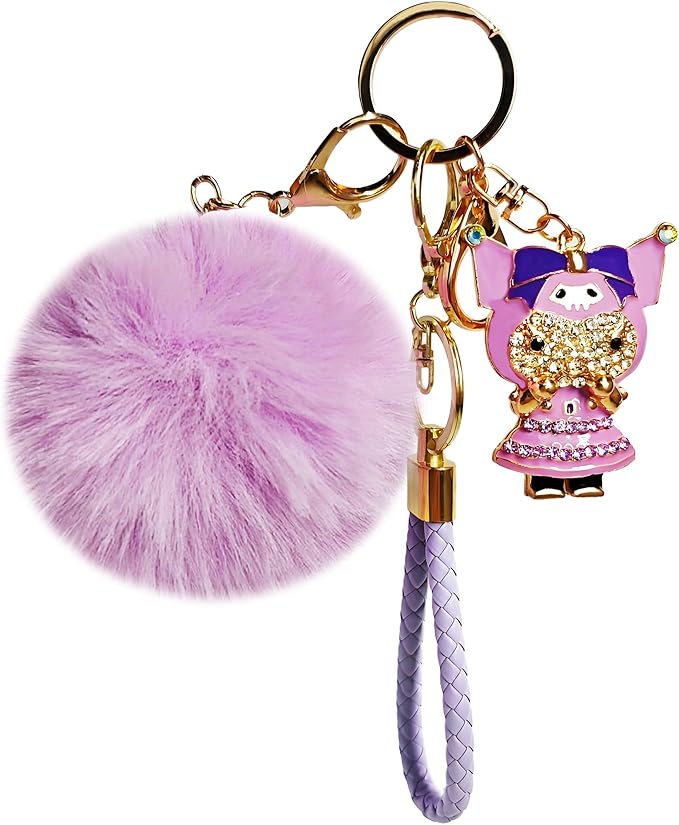 Cute Keychain for Women with Braided Rope, PomPom and Sparkling Rhinestones - Kawaii Charm for Kinds of Bags