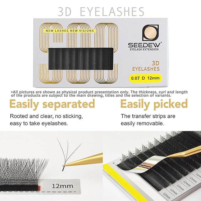 SEEDEW 3D Lash Extensions, 0.07mm D Curl 10mm 12 Rows/Tray, W Shape Flat Stem, Korean PBT Soft Natural False Eyelashes Grafting for Beginner Artist, Lash Tech, Beauty Salon(3D-Matte Black-0.07-D-10mm)