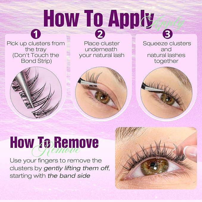 Yawamica Self Adhesive Eyelashes Natural Lash Clusters 9-12mm Pre-Glued Wispy Eyelash Clusters No Glue Press On Eyelash Extensions CC Curl Clear Band DIY Individual Lashes for Beginners