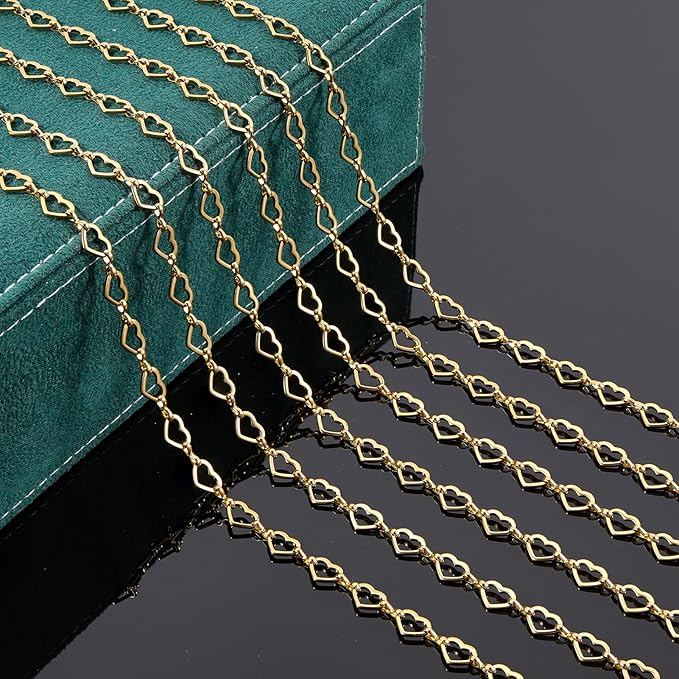 UMAOKANG 3 Meters Gold Plated Stainless Steel Chains for Jewelry Making Hollow Heart Chain Bulk on Spool with Jump Rings and Lobster Clasps