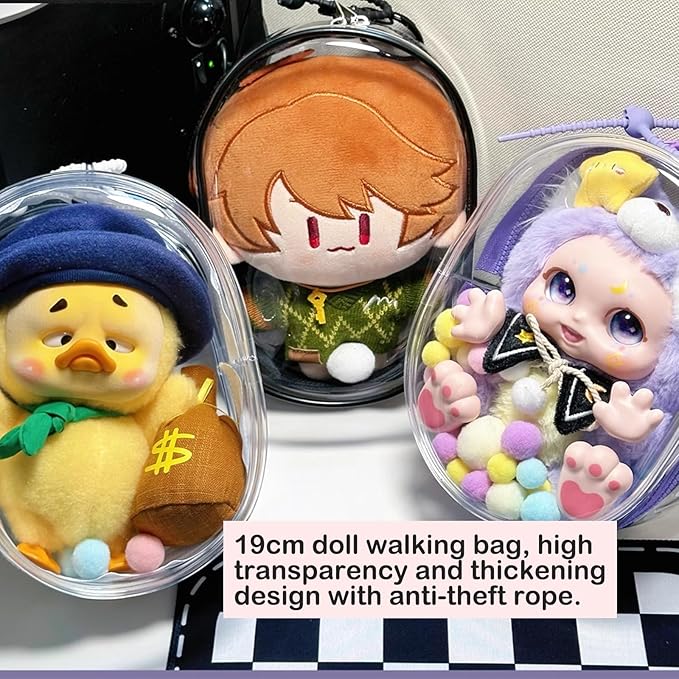 CALEMBOU BJD Doll Clear Display Bag, Portable Figures Storage Bag with Keychain, Mini Doll Hanging Box, Double Zipper Closure Dustproof Case for Plushies (Elliptic Box-Pink 19cm)