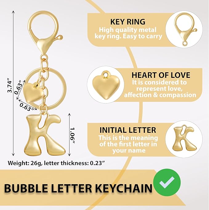 Heart Bubble Letter Keychain for Women, Girls - Cute Keychain with Initial - Alphabet Keychain for Bag Charm, Handbag